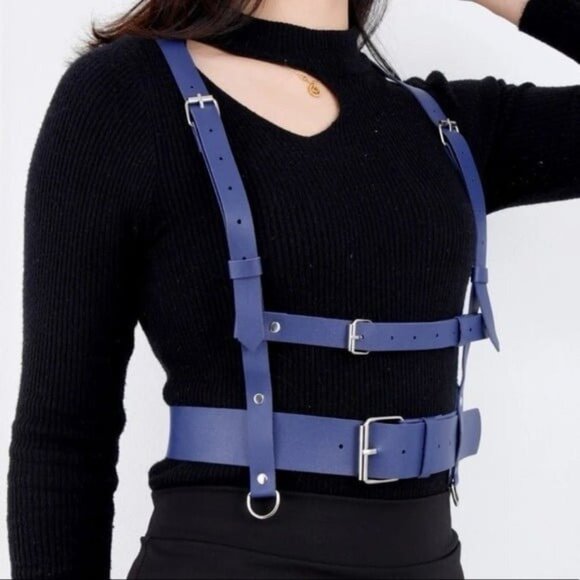 Blue PU Leather Suspender Belt W/ Hole Punch - Picture 2 of 6